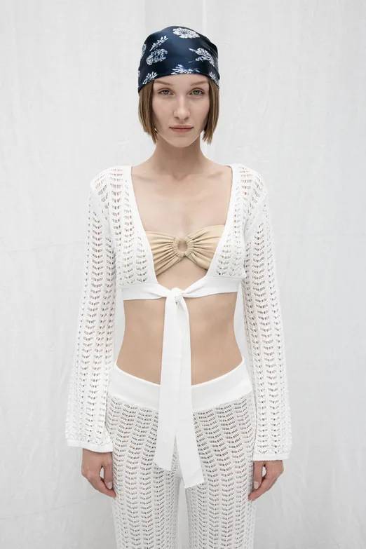 Bayan Beyaz Ajurlu Bağlama Detaylı Örgü Bluz - BSL