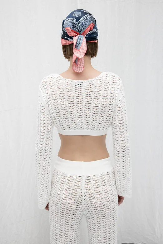 Bayan Beyaz Ajurlu Bağlama Detaylı Örgü Bluz - BSL