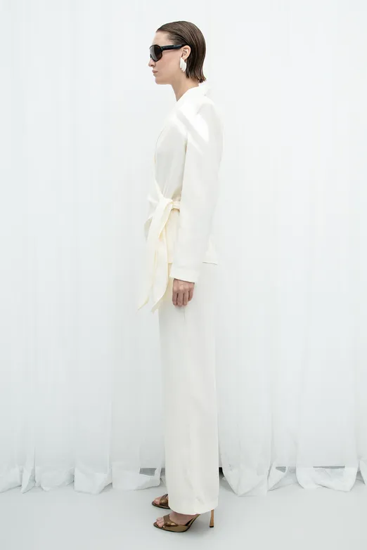 Bayan Ekru Düz Kesim Krep Pantolon - BSL