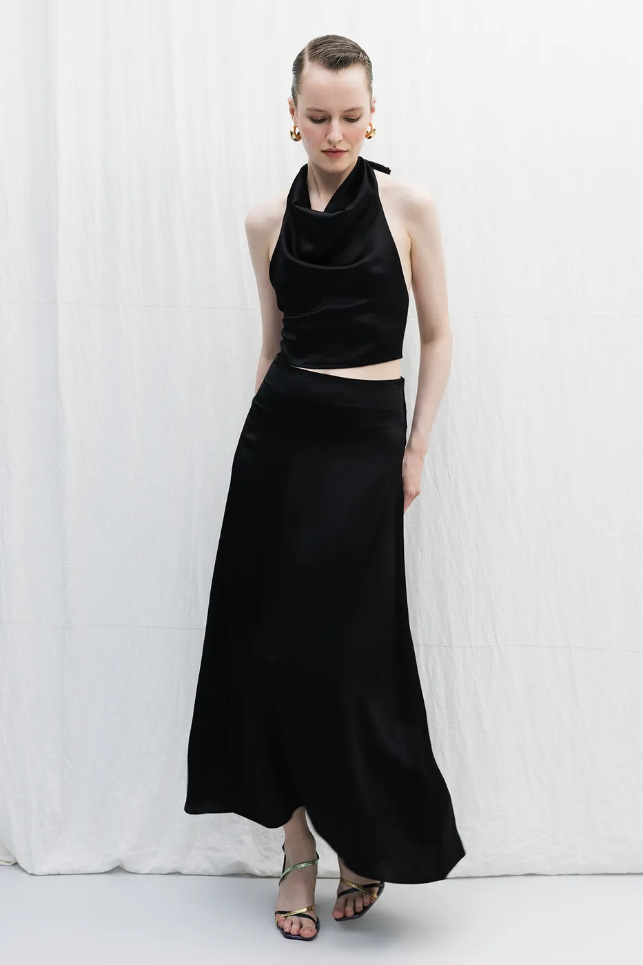 Bayan Siyah Saten Midi Boy Etek