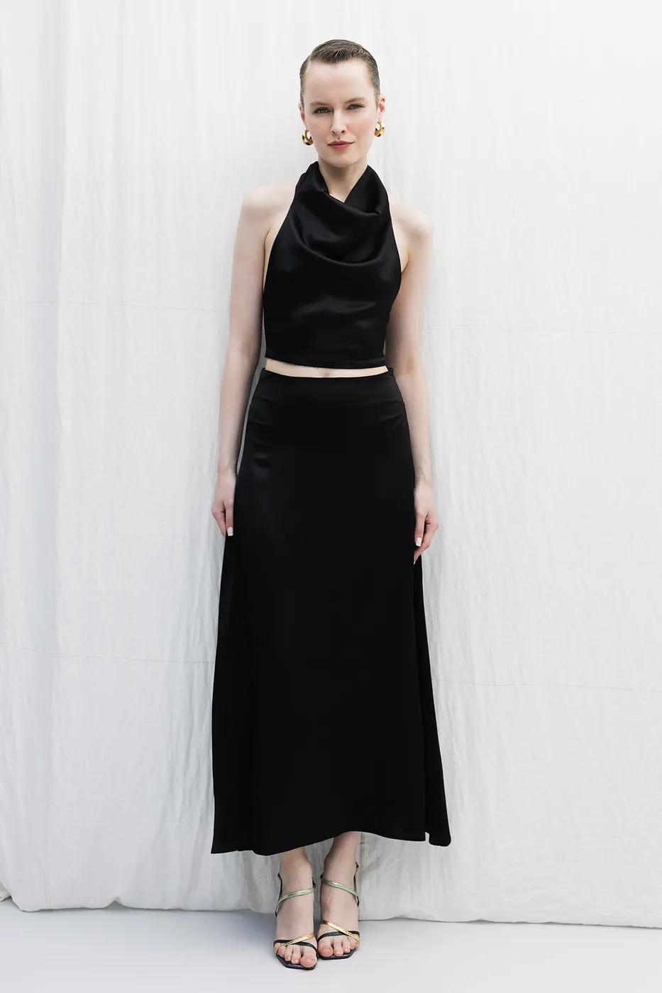 Bayan Siyah Saten Midi Boy Etek