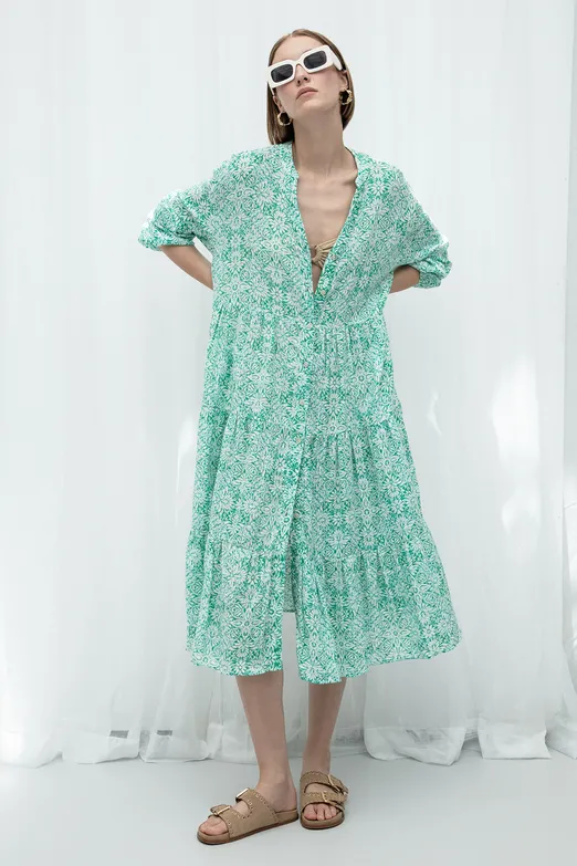 Bayan Yeşil Cotton Desenli Midi Elbise - BSL