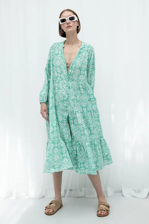 Bayan Yeşil Cotton Desenli Midi Elbise - BSL