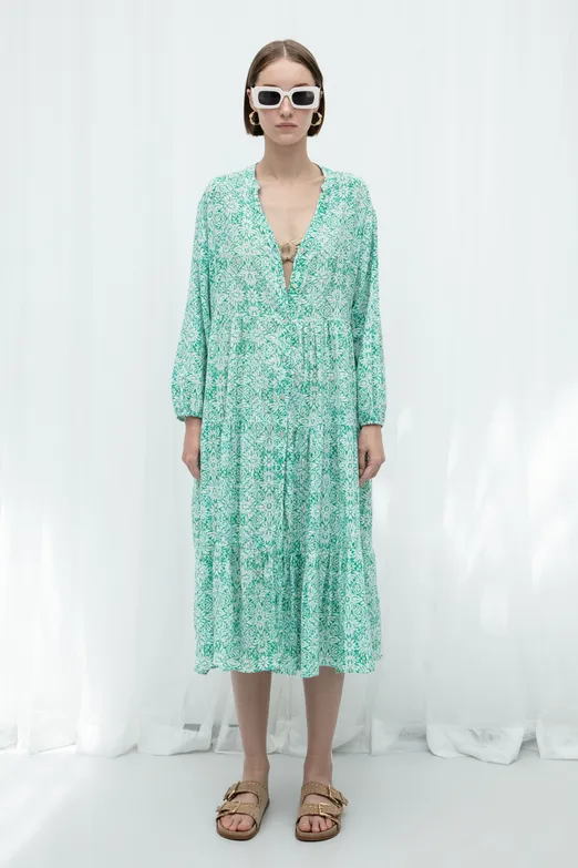 Bayan Yeşil Cotton Desenli Midi Elbise - BSL