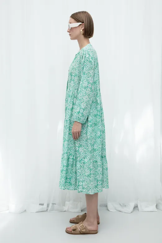 Bayan Yeşil Cotton Desenli Midi Elbise - BSL