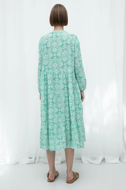 Bayan Yeşil Cotton Desenli Midi Elbise - BSL