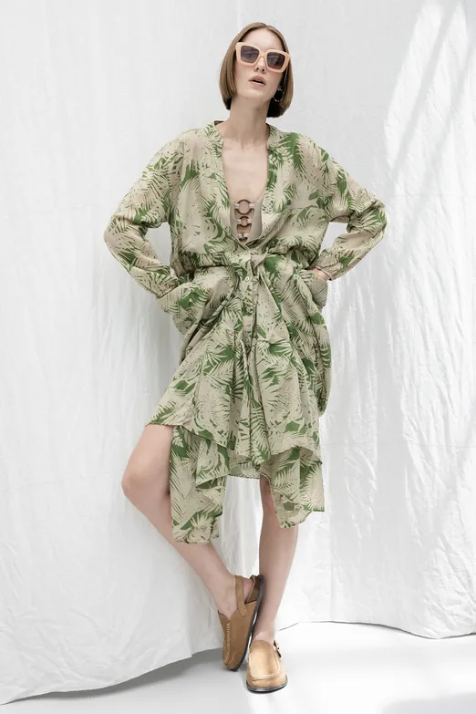 Bayan Bej Cotton Desenli Midi Elbise - BSL