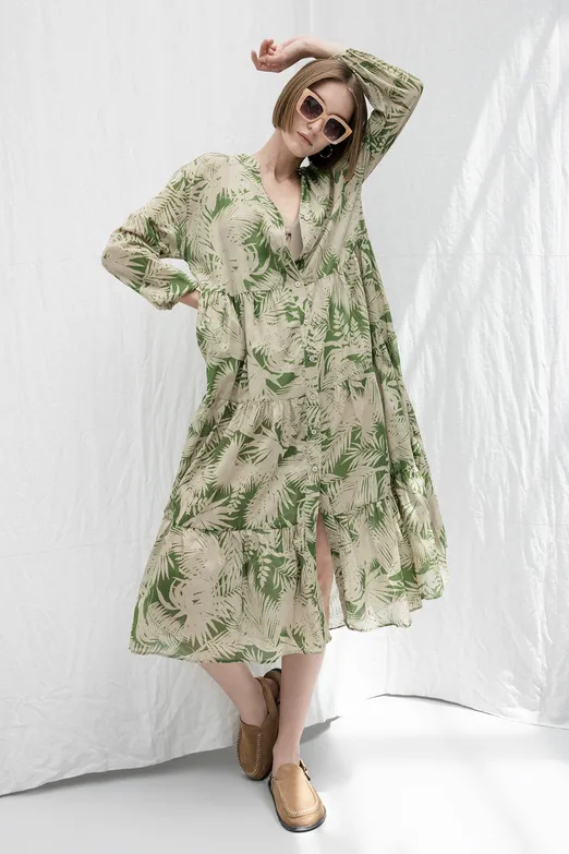 Bayan Bej Cotton Desenli Midi Elbise - BSL