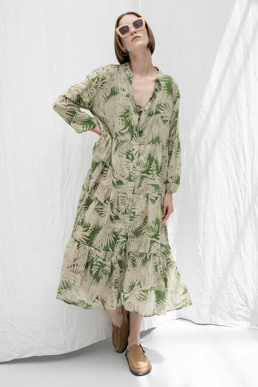 Bayan Bej Cotton Desenli Midi Elbise - BSL