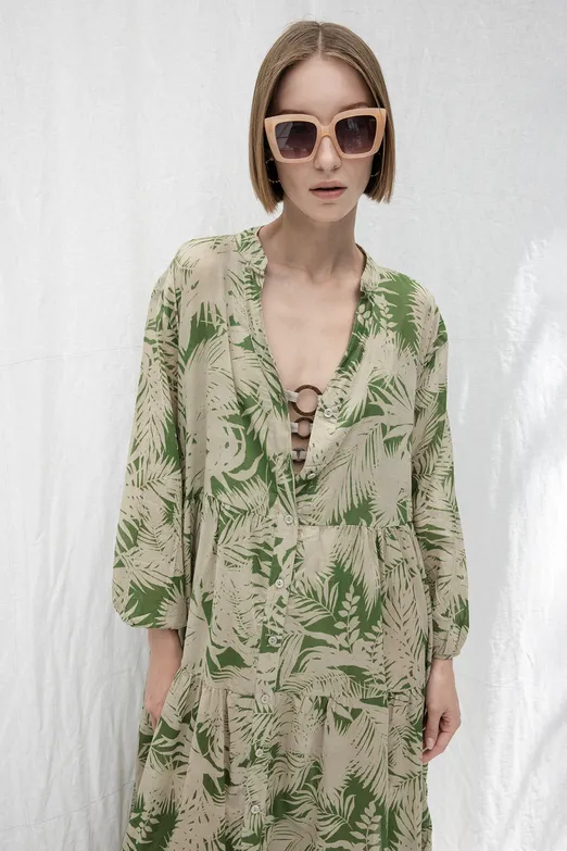 Bayan Bej Cotton Desenli Midi Elbise - BSL