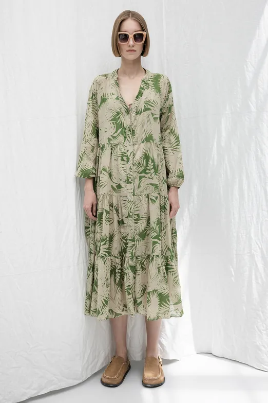 Bayan Bej Cotton Desenli Midi Elbise - BSL