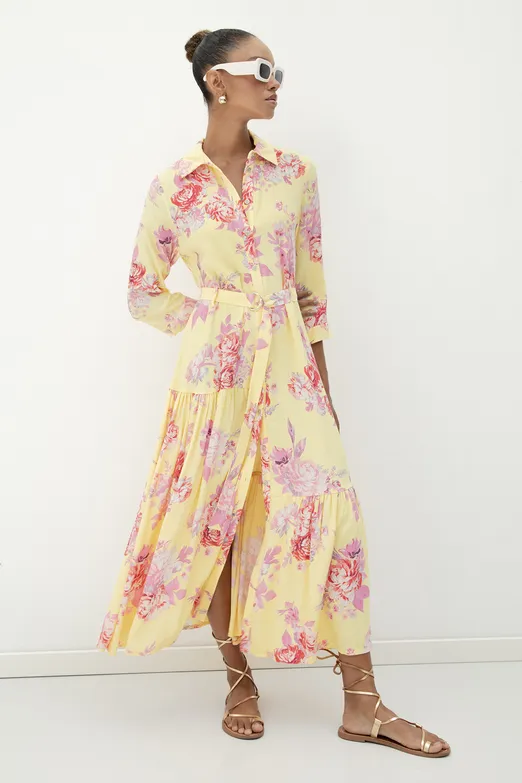 Bayan Sarı Truvakar Kollu Gömlek Elbise - BSL