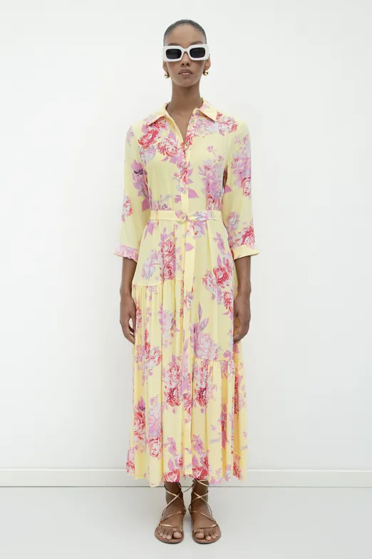 Bayan Sarı Truvakar Kollu Gömlek Elbise - BSL