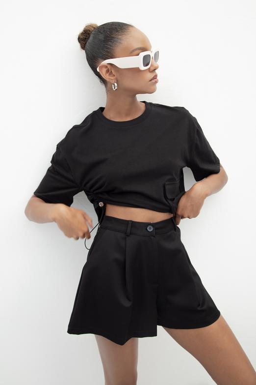 Bayan  Cep Detaylı Crop Tshirt