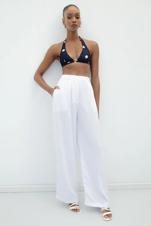 Bayan Beyaz Pileli Bol Pantolon - BSL