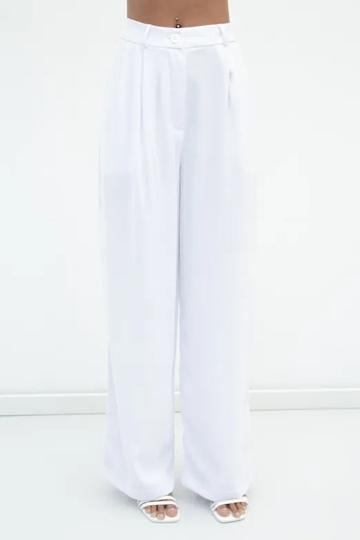 Bayan Beyaz Pileli Bol Pantolon - BSL