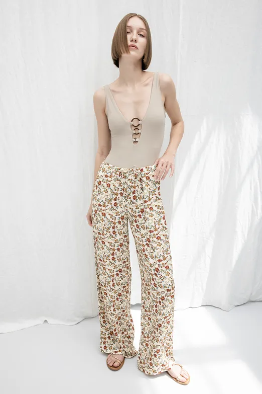 Bayan Krem Çiçekli Bol Pantolon - BSL