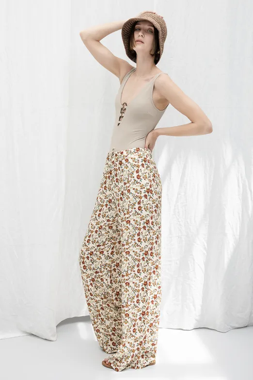 Bayan Krem Çiçekli Bol Pantolon - BSL