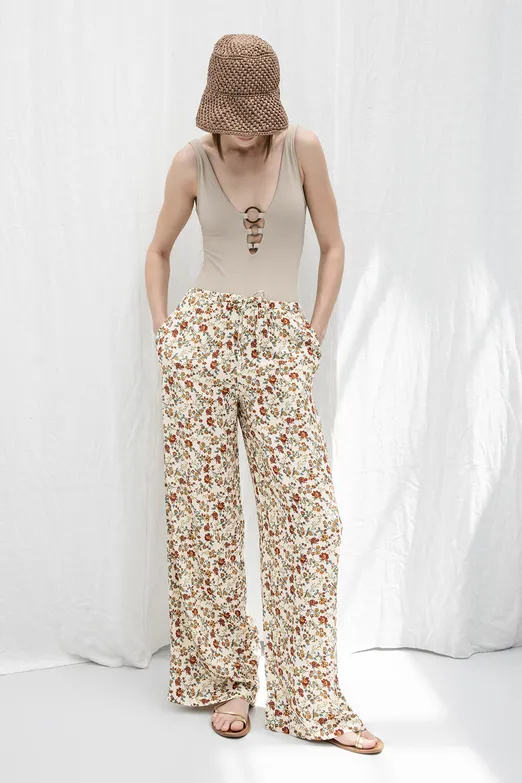 Bayan Krem Çiçekli Bol Pantolon - BSL