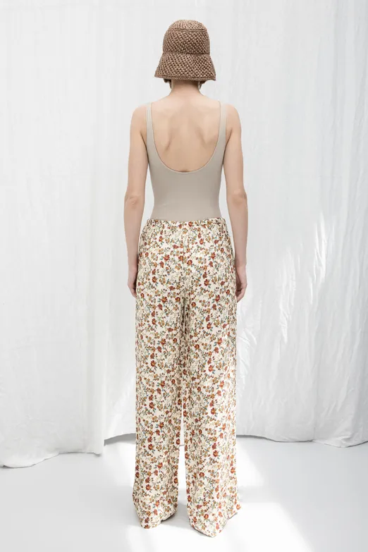 Bayan Krem Çiçekli Bol Pantolon - BSL