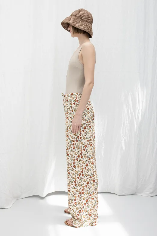Bayan Krem Çiçekli Bol Pantolon - BSL