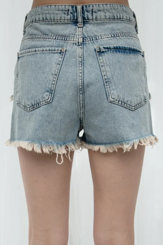 Bayan Mavi Yıpratmalı Denim Mini Şort - BSL