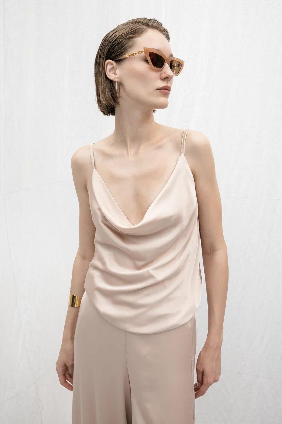 Bayan Pudra Degaje Yakalı Saten Bluz