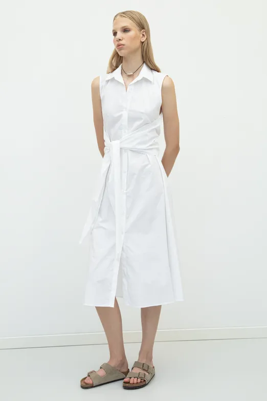 Bayan Beyaz Cotton Midi  Gömlek Elbise - BSL