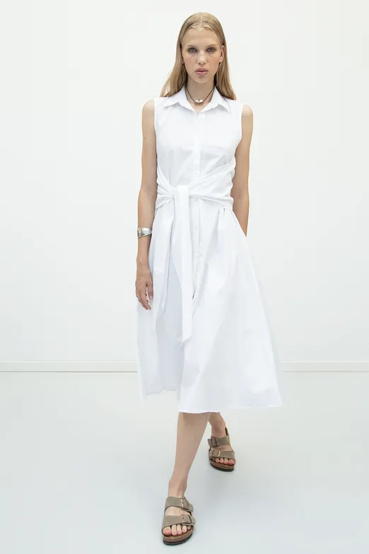 Bayan Beyaz Cotton Midi  Gömlek Elbise - BSL