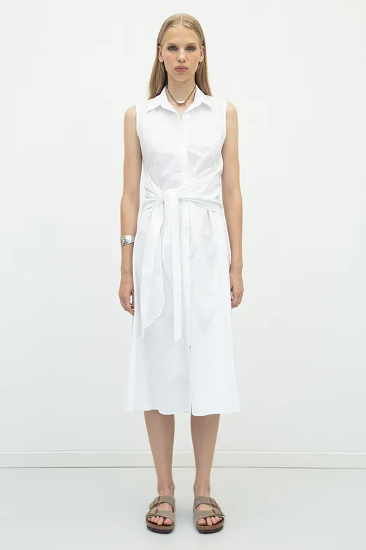 Bayan Beyaz Cotton Midi  Gömlek Elbise - BSL