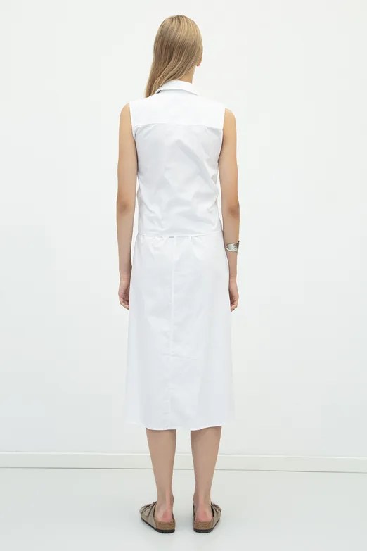 Bayan Beyaz Cotton Midi  Gömlek Elbise - BSL