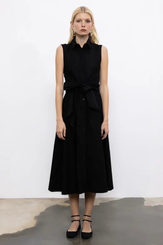 Bayan Siyah Cotton Midi  Gömlek Elbise - BSL