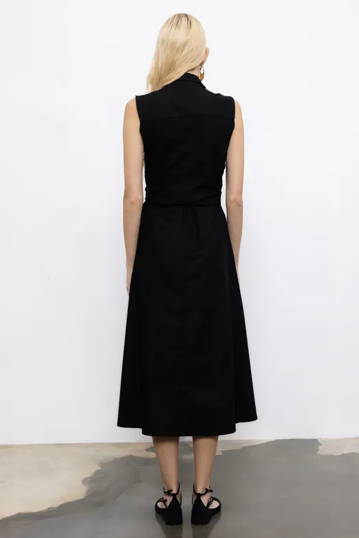 Bayan Siyah Cotton Midi  Gömlek Elbise - BSL