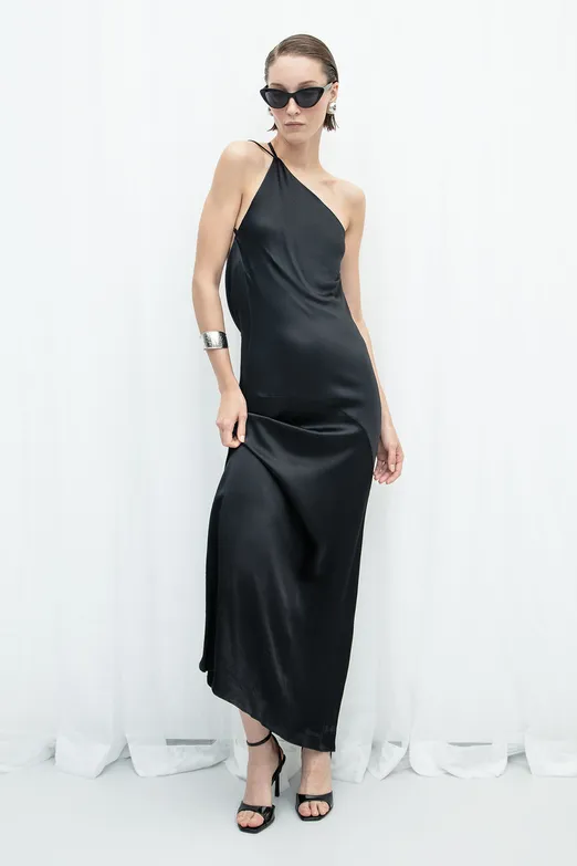 Bayan Siyah Tek Omuz Detaylı  Saten Maksi Elbise - BSL