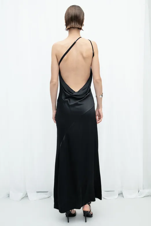 Bayan Siyah Tek Omuz Detaylı  Saten Maksi Elbise - BSL