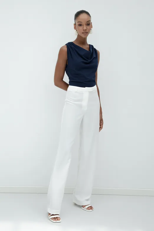 Bayan Beyaz Düz Kesim Kumaş Pantolon - BSL