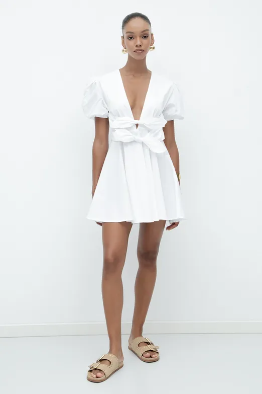 Bayan Beyaz Balon Kollu Volanlı Mini Elbise - BSL