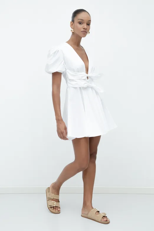 Bayan Beyaz Balon Kollu Volanlı Mini Elbise - BSL