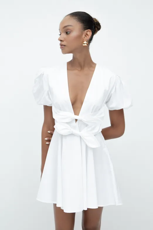 Bayan Beyaz Balon Kollu Volanlı Mini Elbise - BSL