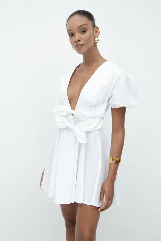 Bayan Beyaz Balon Kollu Volanlı Mini Elbise - BSL