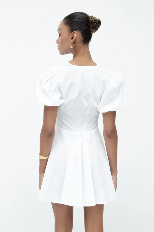 Bayan Beyaz Balon Kollu Volanlı Mini Elbise - BSL