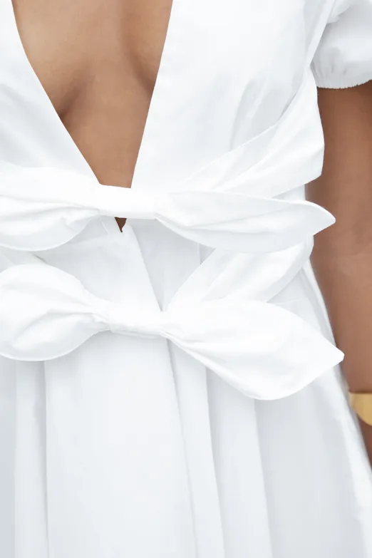 Bayan Beyaz Balon Kollu Volanlı Mini Elbise - BSL