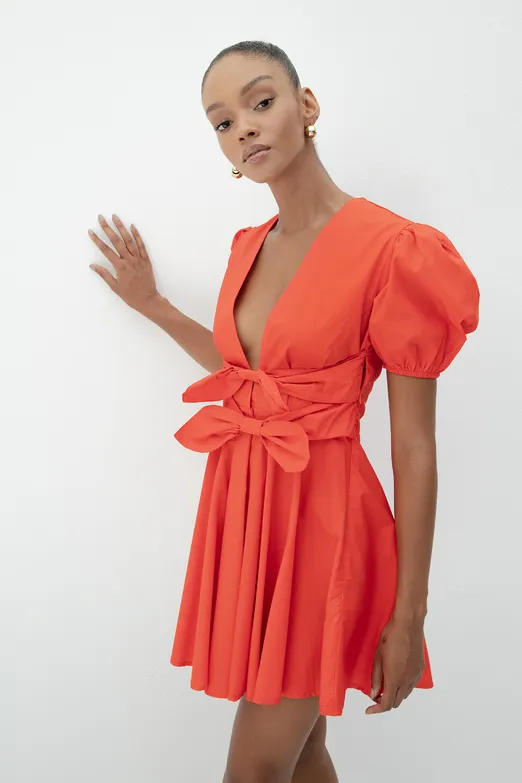 Bayan Kırmızı Balon Kollu Volanlı Mini Elbise - BSL