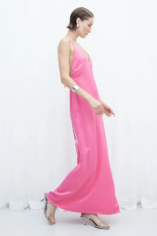 Bayan Pembe Saten Askılı Maksi Elbise - BSL