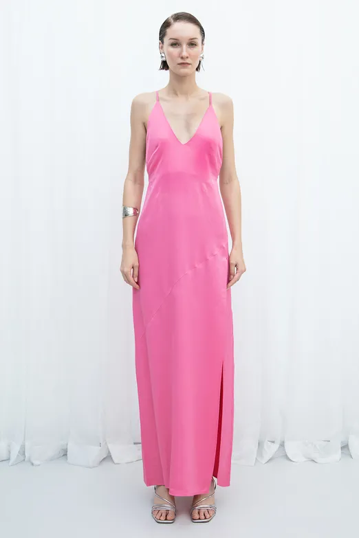 Bayan Pembe Saten Askılı Maksi Elbise - BSL
