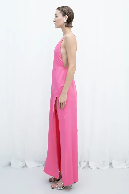 Bayan Pembe Saten Askılı Maksi Elbise - BSL