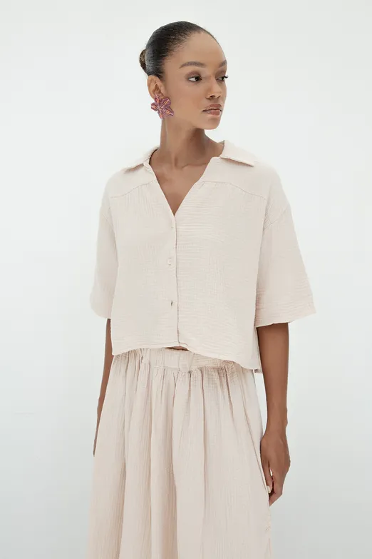 Bayan Bej Dokulu %100 Cotton Gömlek - BSL