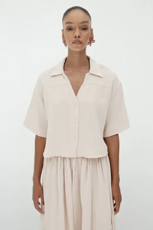 Bayan Bej Dokulu %100 Cotton Gömlek - BSL