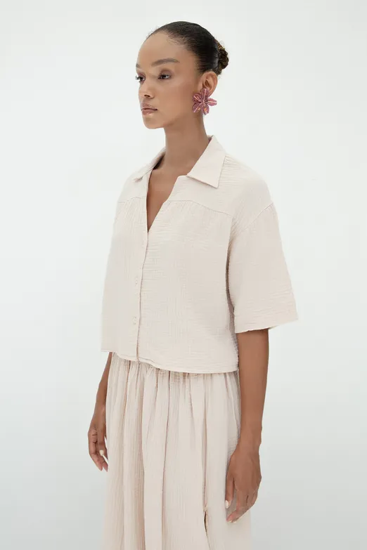 Bayan Bej Dokulu %100 Cotton Gömlek - BSL