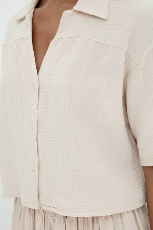 Bayan Bej Dokulu %100 Cotton Gömlek - BSL